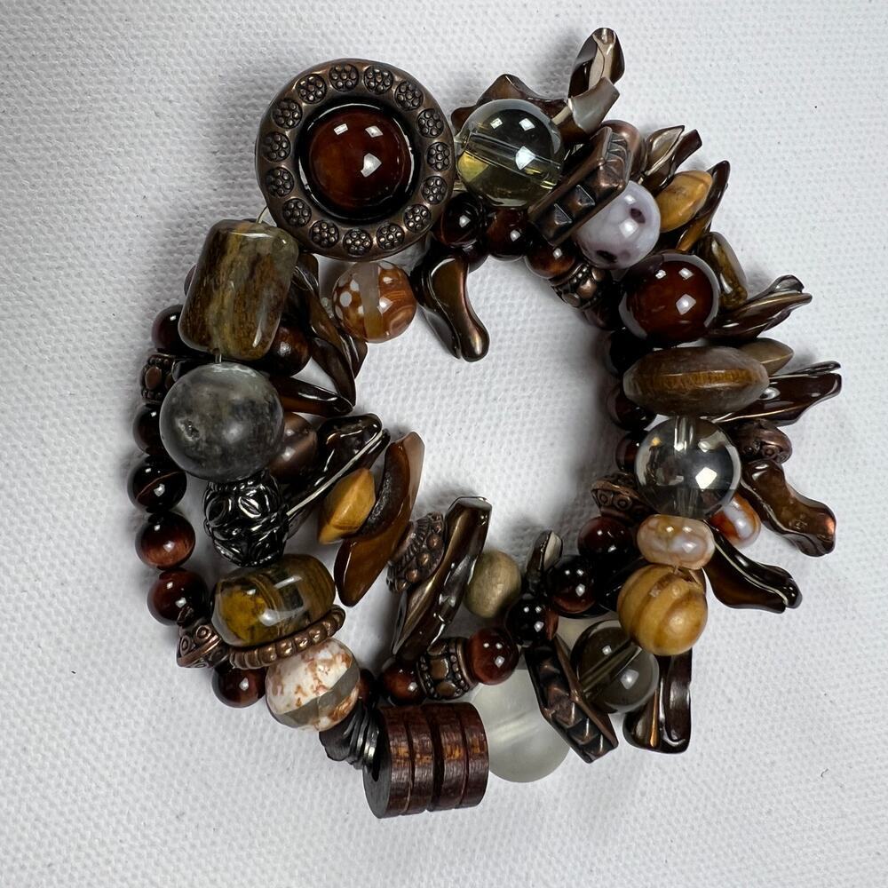 Handmade Beaded Bracelet Trio Tribal Browns Earth Tones Mixed Materials